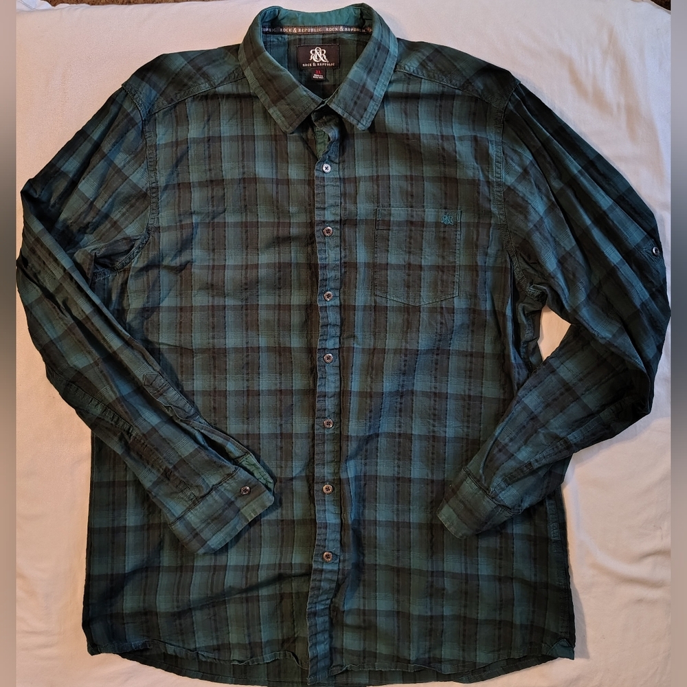 Rock Republic Green/Black Plaid Tab Sleeve Button Up Shirt Men's Size XL NWOT